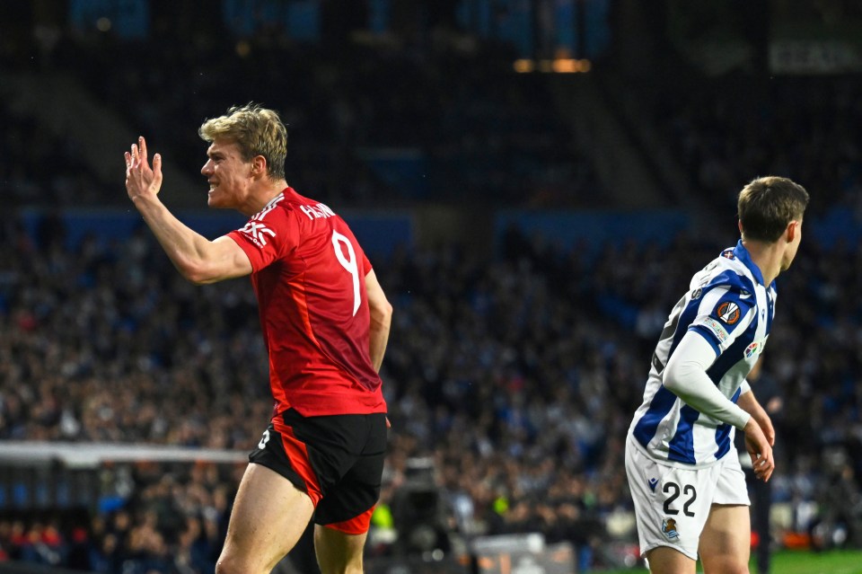 Rasmus Hojlund of Manchester United celebrates during a soccer match.