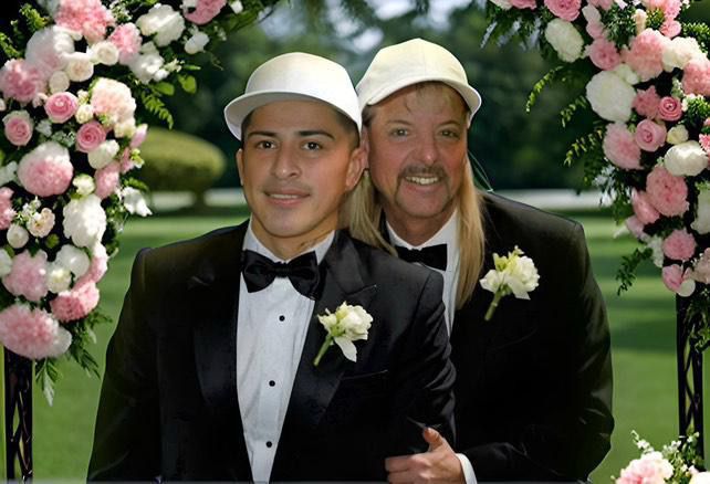 Joe Exotic and another man in tuxedos at a wedding.