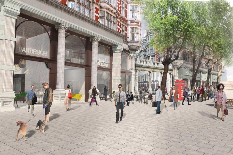 Illustration of Sicilian Avenue renovation with pedestrians, shops, and a red telephone booth.