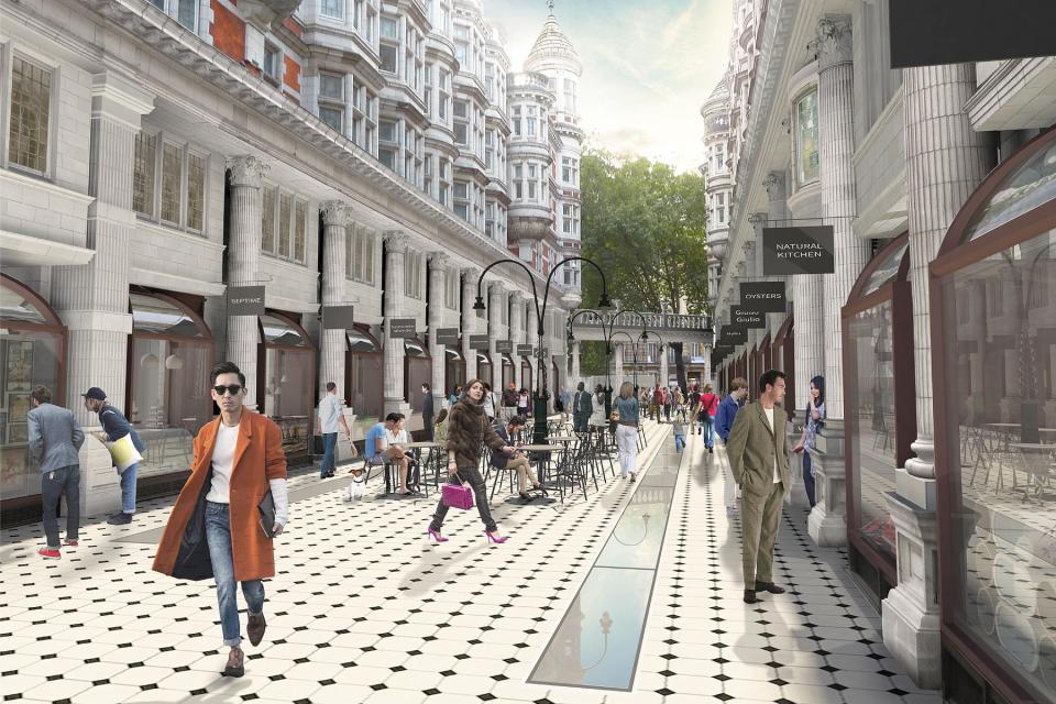 Illustration of Sicilian Avenue with shops and people.