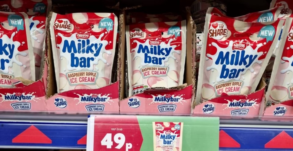 Milkybar Raspberry Ripple Ice Cream on sale for 49p.