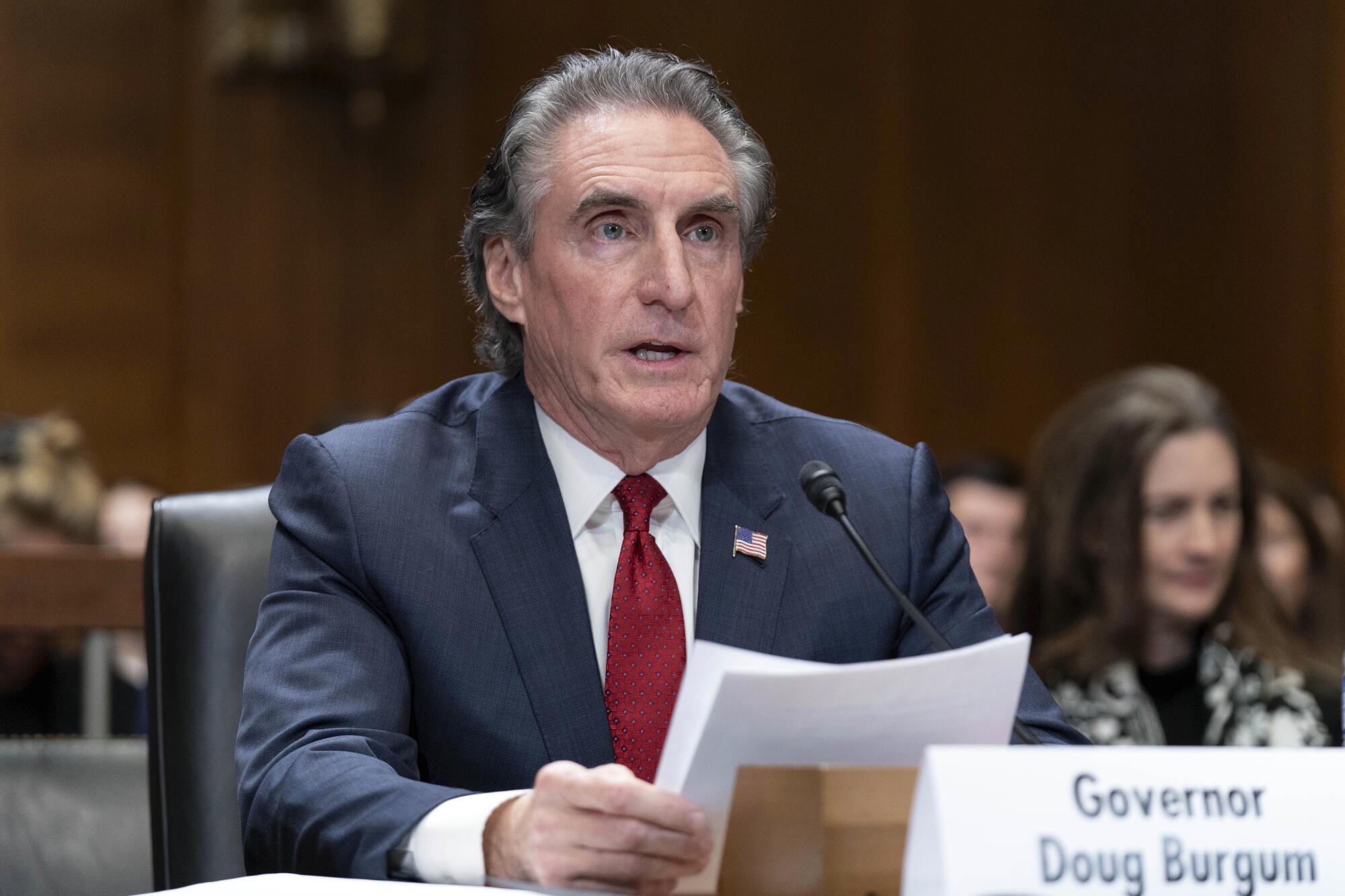 Interior Secretary Doug Burgum testifies before the Senate Energy and Natural Resources Committee in Washington.