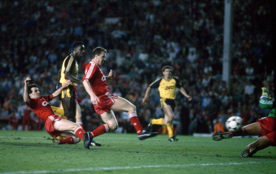 Michael Thomas scoring the last-minute title-winning goal for Arsenal against Liverpool.