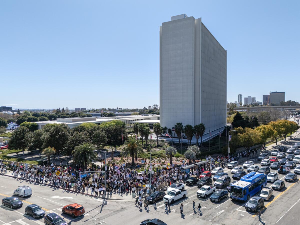 Hundreds gather in front of the Federal Building in Westwood.