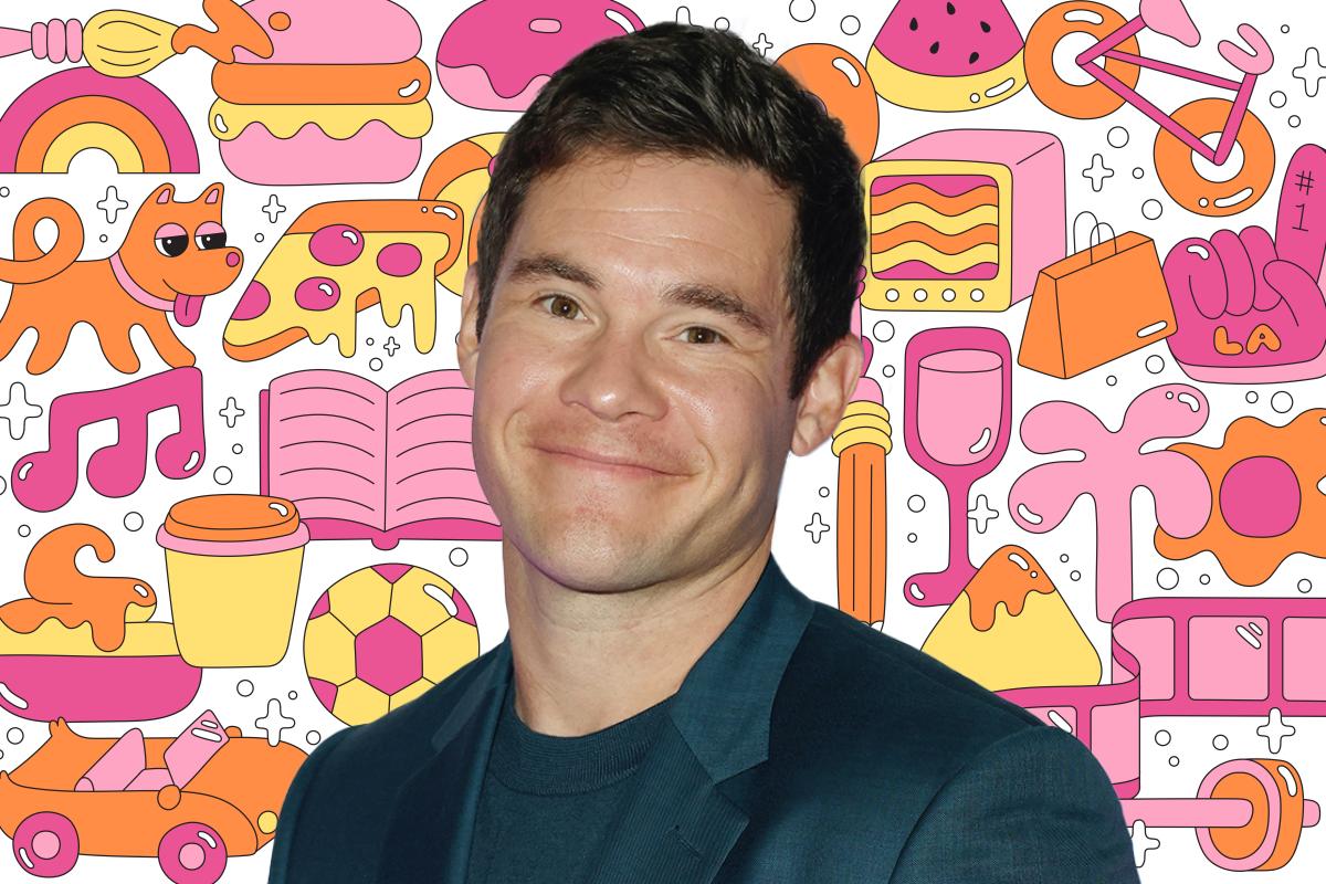 Photo of a man on a background of colorful illustrations like a book, dog, pizza, TV, shopping bag, and more.