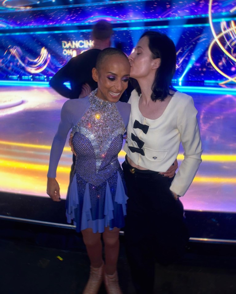 Adele Roberts and her fiancée embracing backstage at Dancing on Ice.