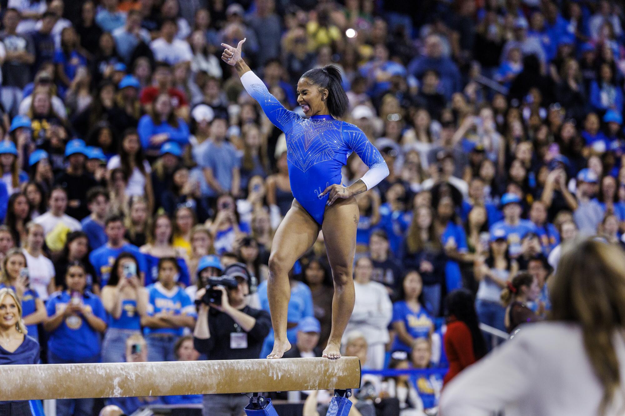 Jordan Chiles performs on the balance beam against Stanford on Saturday.