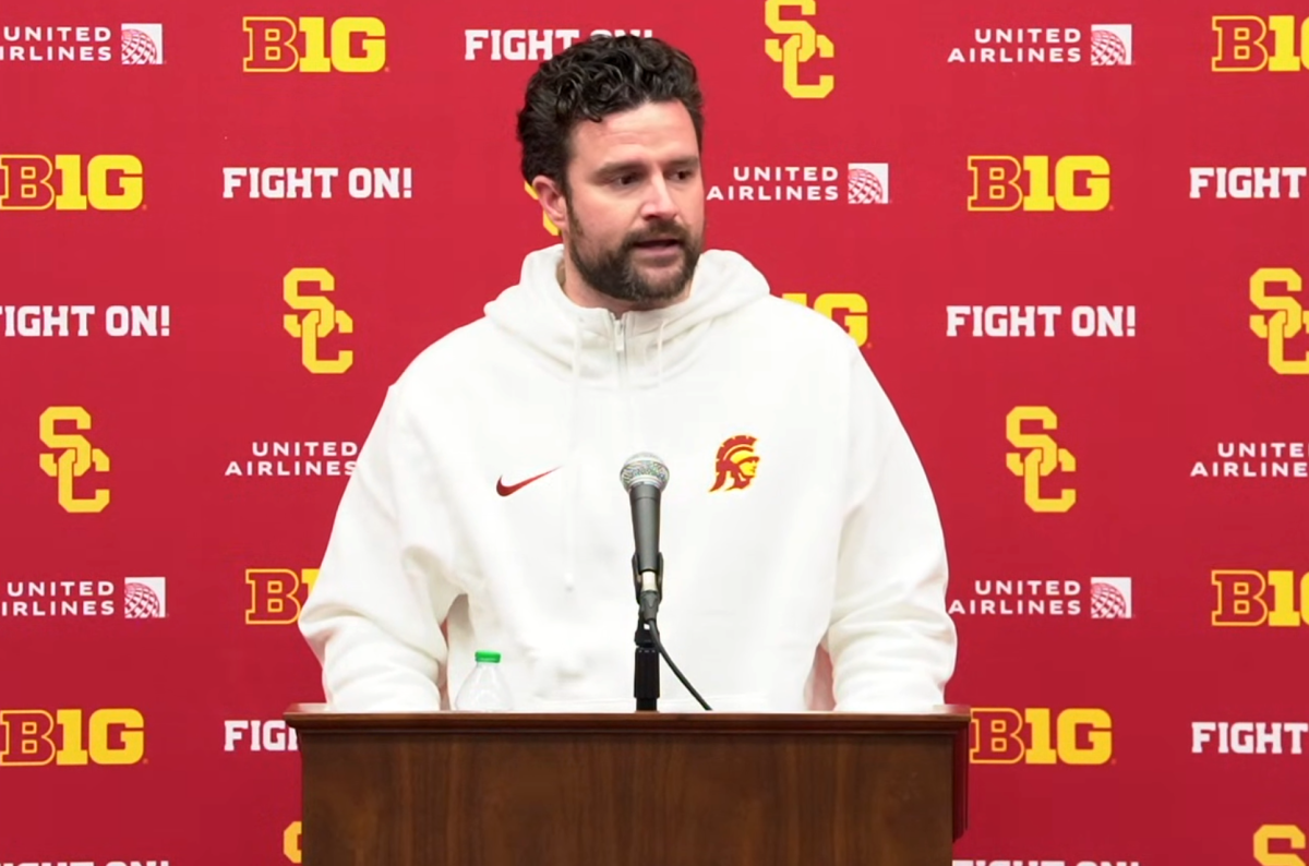 USC football general manager Chad Bowden speaks during a news conference.