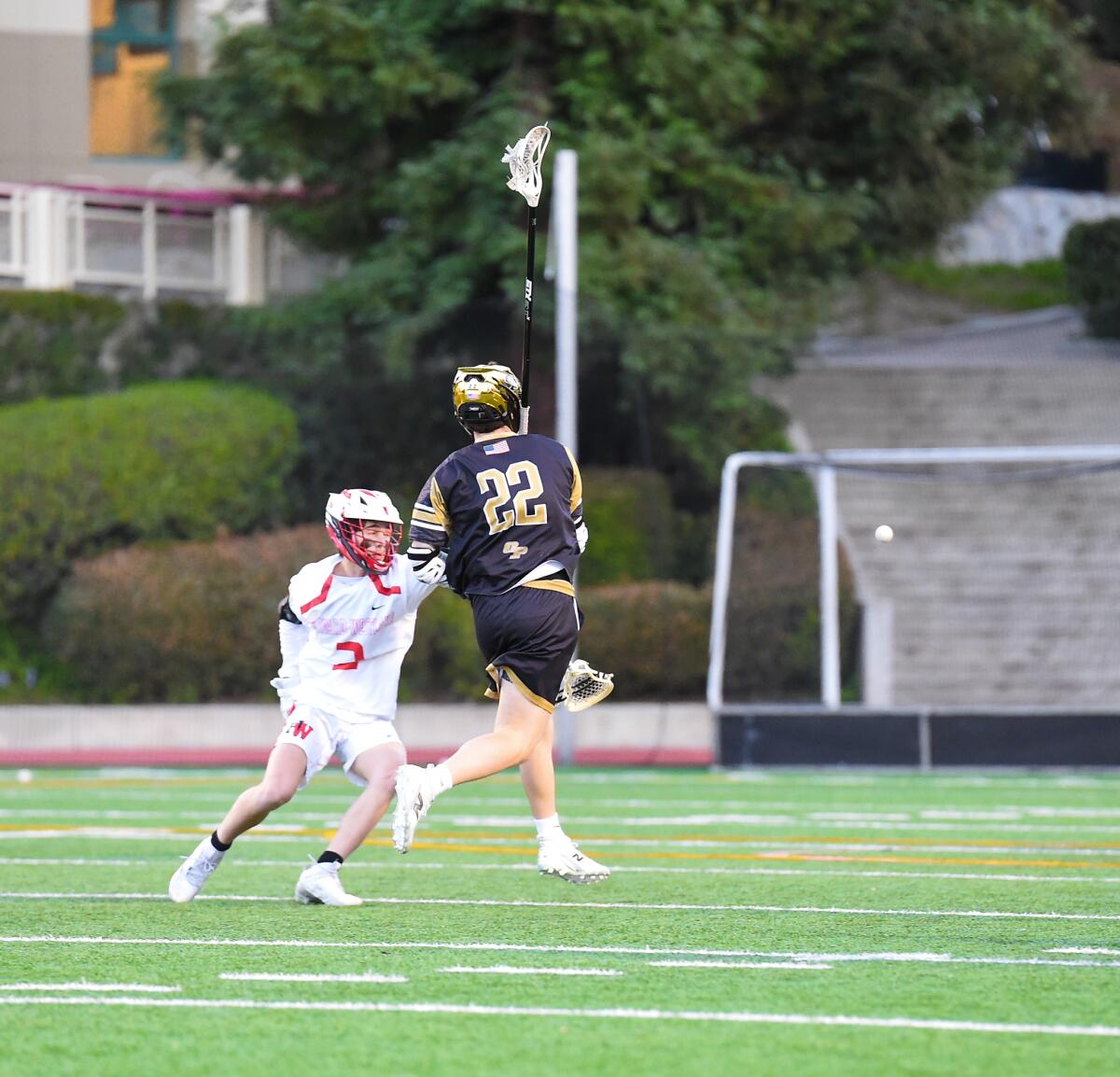 Grey Stevens of Oak Park (22) scored three goals against Harvard-Westlake.