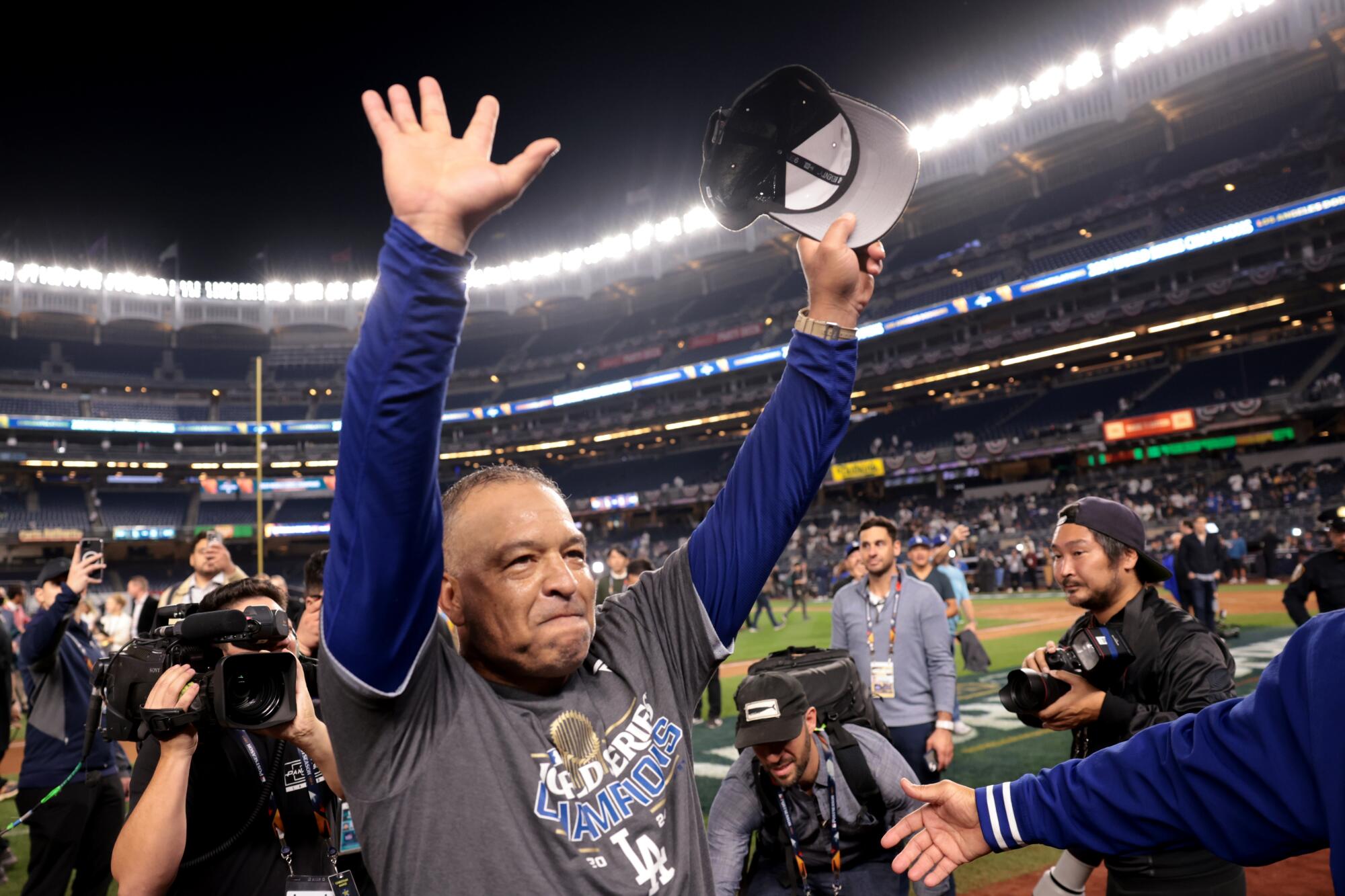 Dodgers manager Dave Roberts celebrates after the team's World Series championship win over the New York Yankees on Oct. 30.