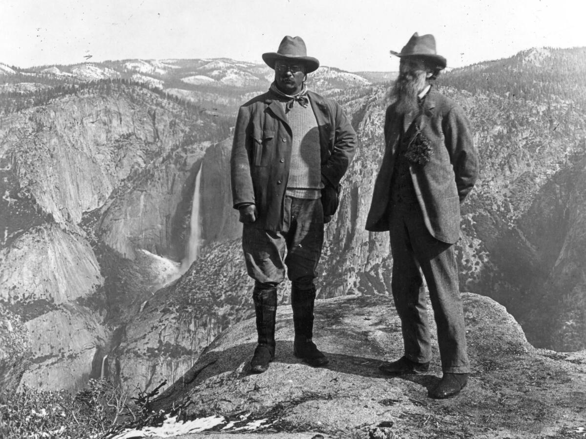 President Theodore Roosevelt stands on a hilltop with conservationist John Muir in 1903.