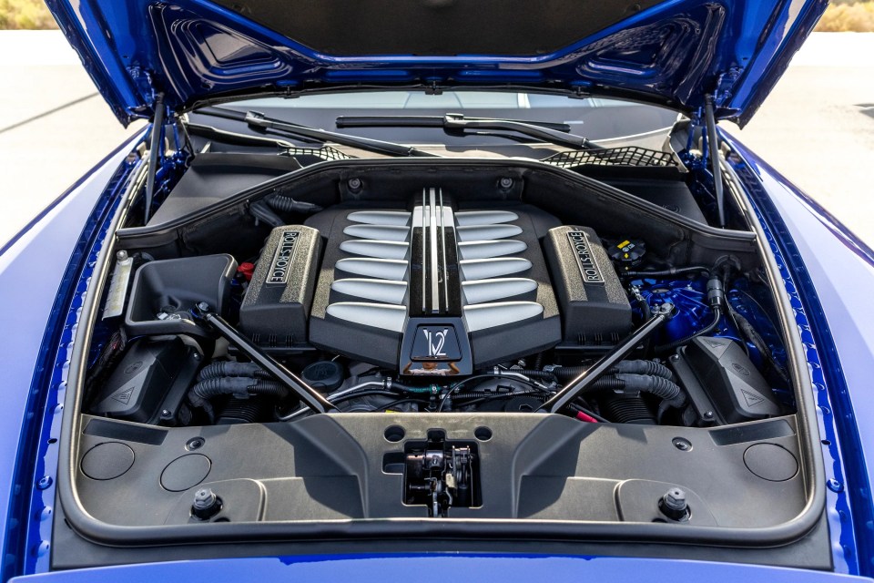 Close-up of a Rolls-Royce Wraith Black Badge V12 engine.