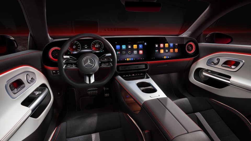 Interior view of a Mercedes-Benz CLA's dashboard and seats.