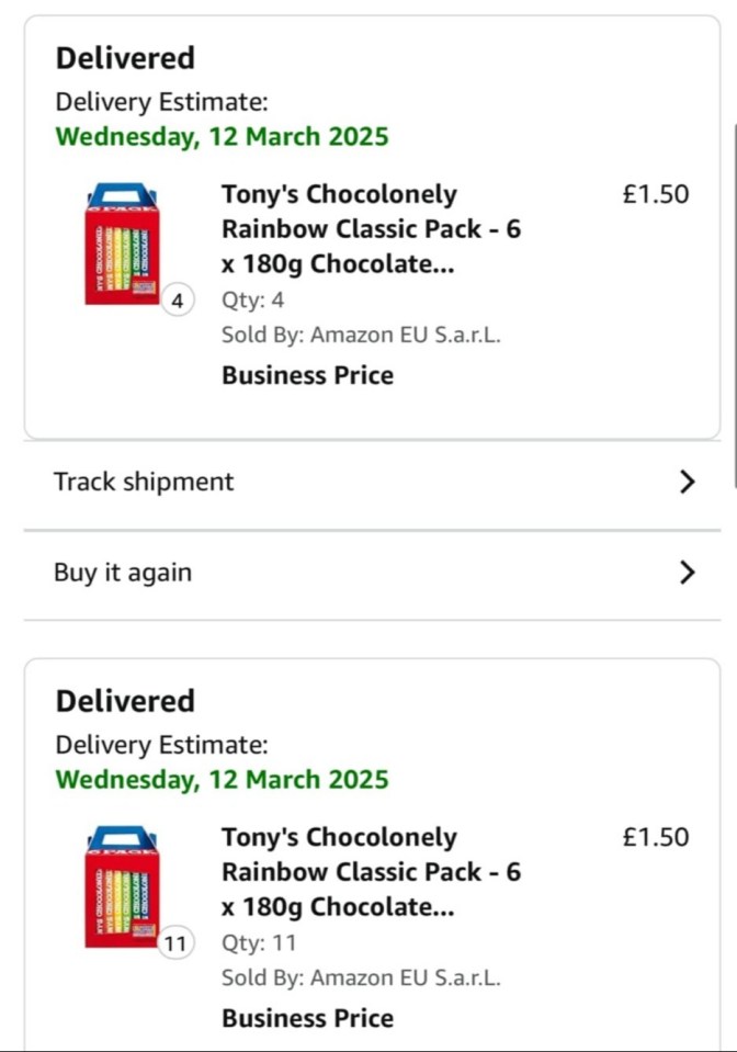 Amazon.co.uk invoice showing two deliveries of Tony's Chocolonely Rainbow Classic Pack chocolate.