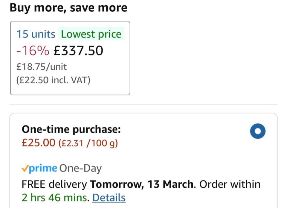 Amazon.co.uk product pricing: 15 units for £337.50 (16% off), or £25.00 for one.