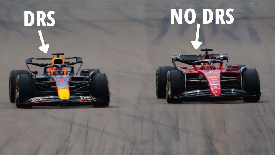  Max Verstappen, left, is using Drag Reduction System to overtake Charles Leclerc, who is not using DRS