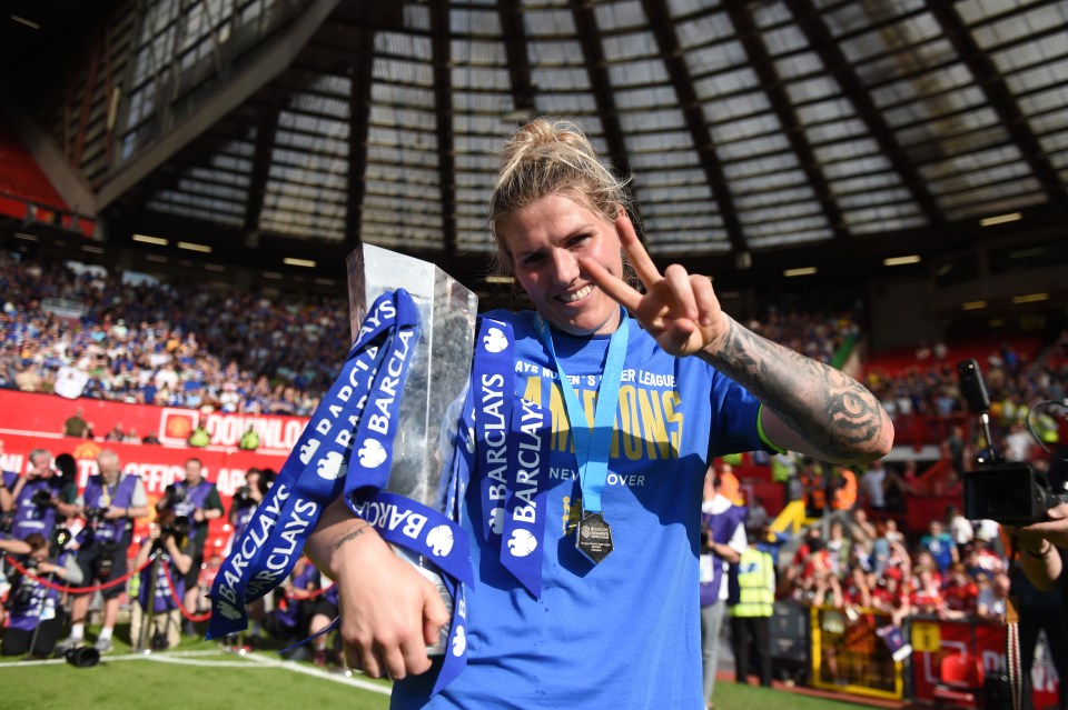 Millie Bright of Chelsea FC celebrates winning the Barclays Women's Super League trophy.