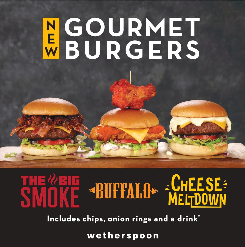 Three gourmet burgers: The Big Smoke, Buffalo, and Cheese Melt Down.  Includes chips, onion rings, and a drink.