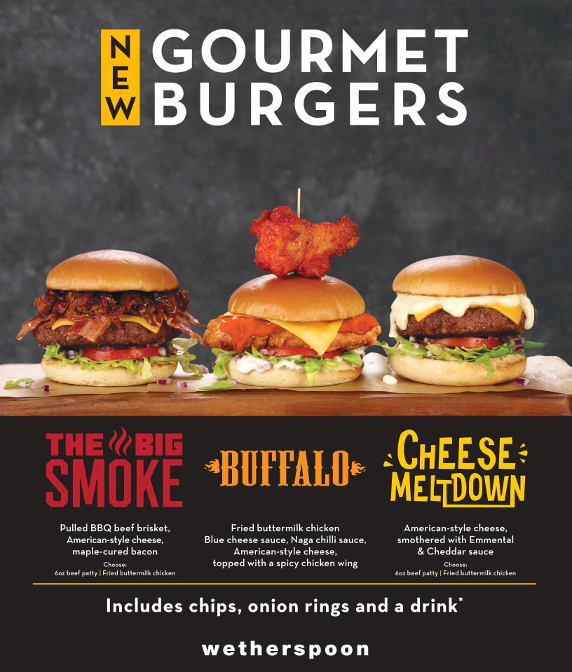 Three gourmet burgers: The Big Smoke, Buffalo, and Cheese Melt Down.