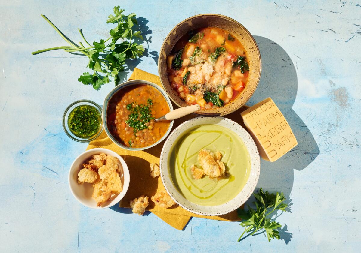 Carolynn Carreno's lentil and kale soup, tuscan vegetable soup, lentil and kale soup and broccoli-fennel soup.