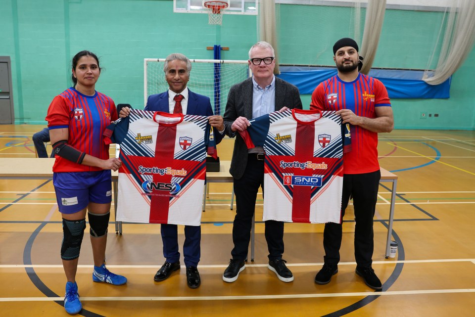 Four people holding up England Kabaddi World Cup 2025 jerseys.