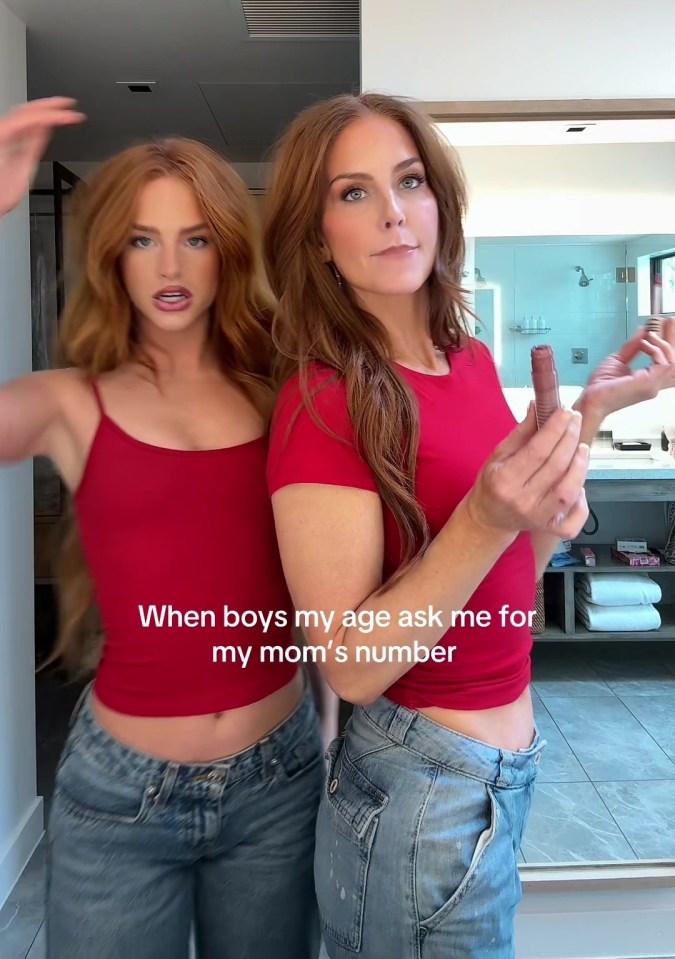 Two women, a mother and daughter, wearing red shirts and jeans.  Text overlay reads, "When boys my age ask me for my mom's number".