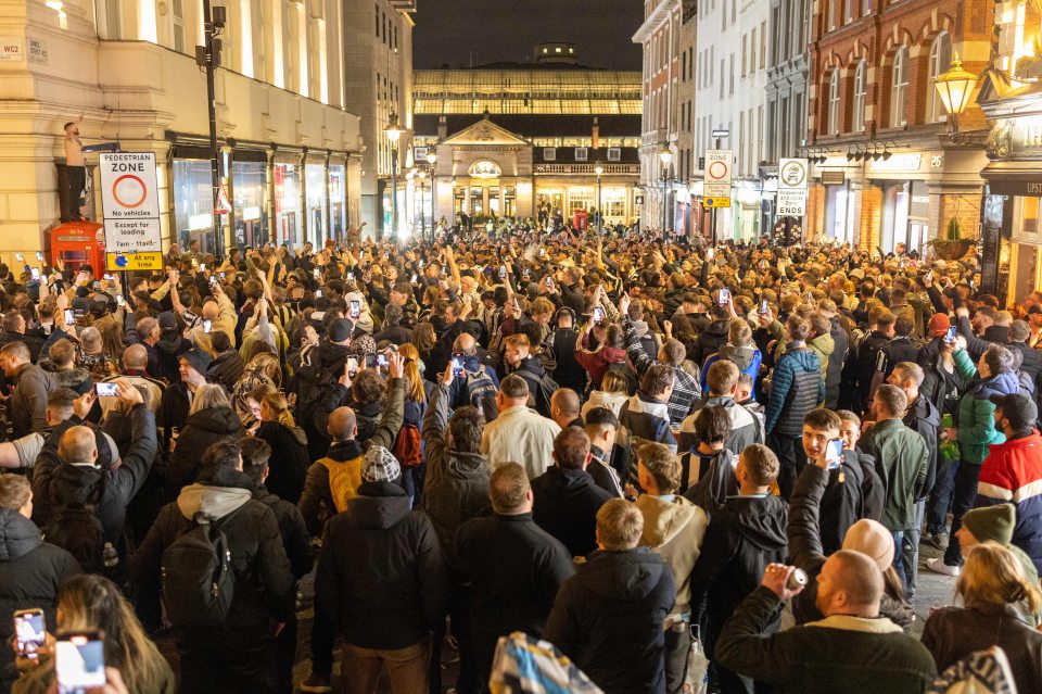 Newcastle fans celebrating in Covent Garden.