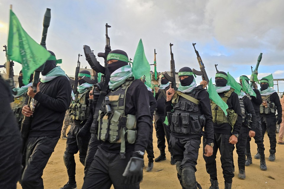 Hamas fighters with weapons and a Palestinian flag stand on a mound of earth.