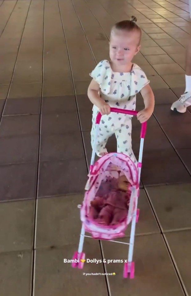 Toddler pushing a doll in a pink stroller.