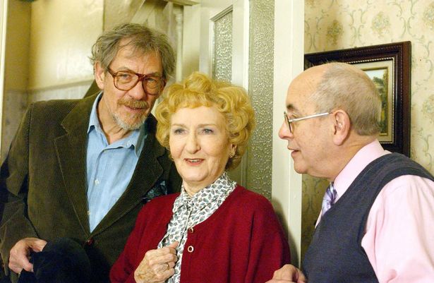 Sir Ian McKellen, Eileen Derbyshire and Malcolm Hebden in a promo photo for Coronation Street.