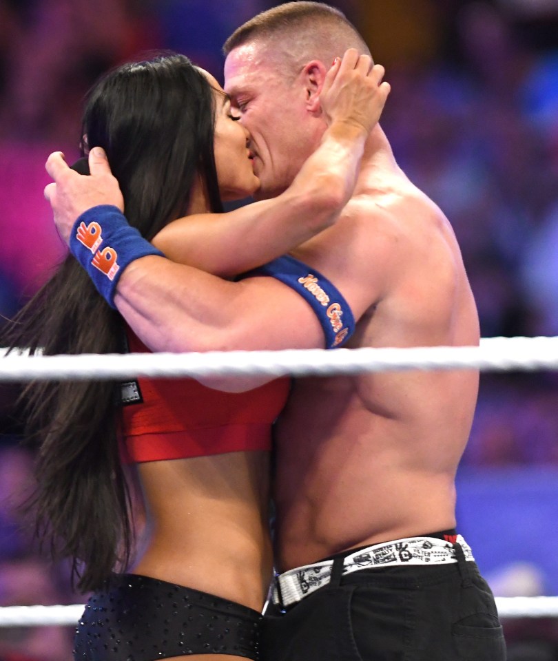 Nikki Bella and John Cena kissing at WrestleMania 33.