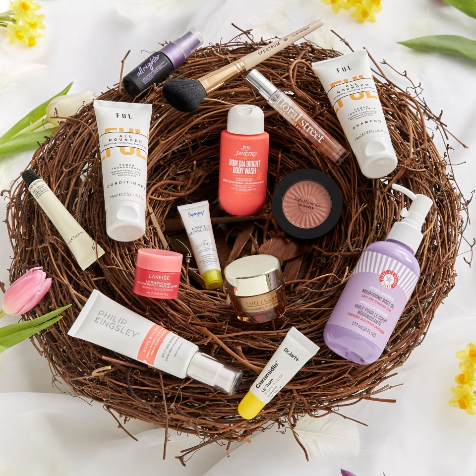 Assortment of beauty products in a bird's nest.