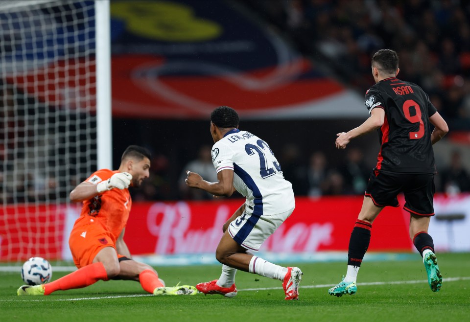 Myles Lewis-Skelly of England scoring a goal during a soccer match.