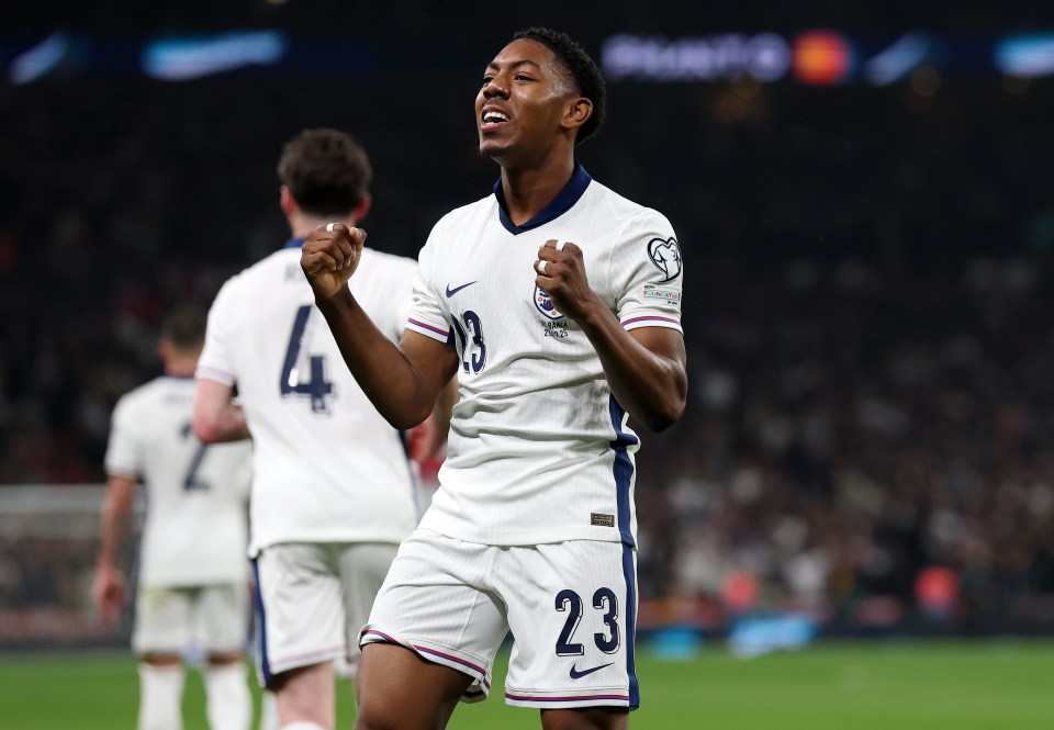 Myles Lewis-Skelly of England celebrating a goal.