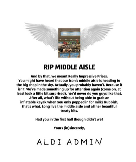 Illustration of an Aldi middle aisle with angel wings, announcing its end.