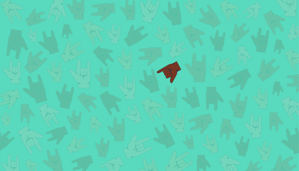 Illustration of a single brown hand making a different sign than the surrounding teal hands.