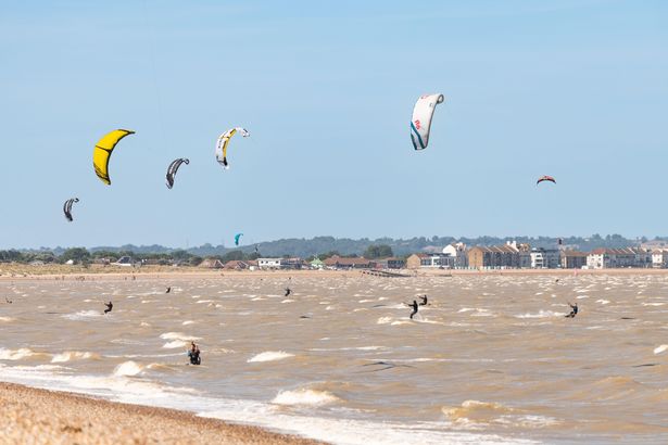 Kitesurfers at Greatstone Beach, Greatstone on Sea, Kent, England, UK