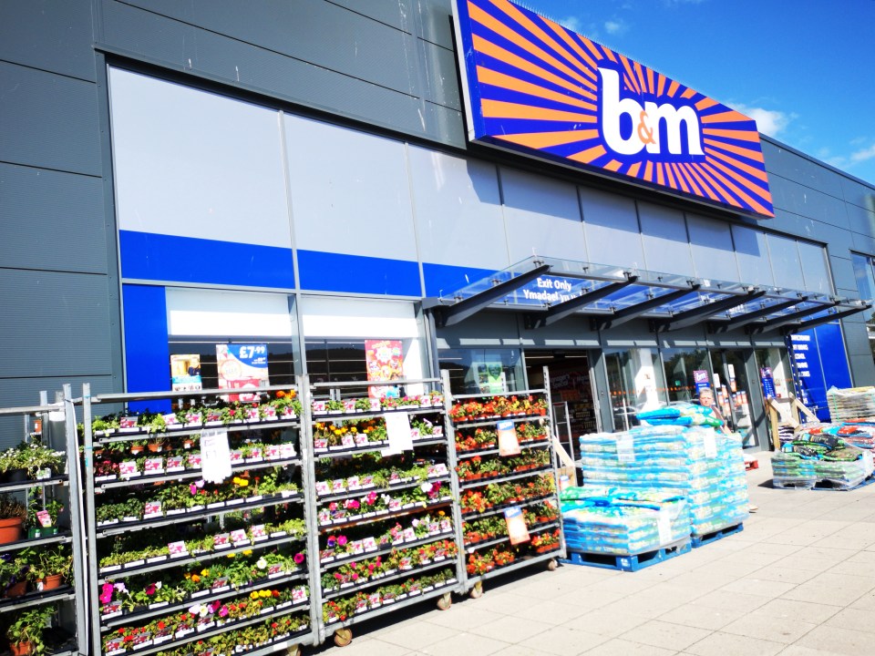 B&M Bargains retail shop exterior with plants and gardening supplies displayed outside.