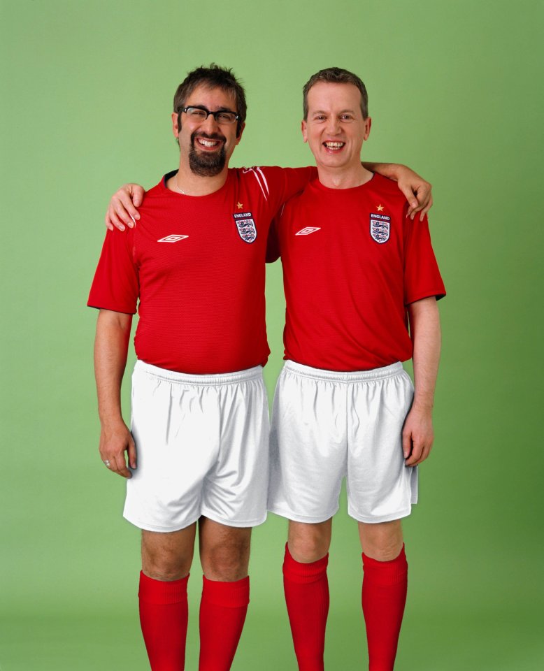 David Baddiel and Frank Skinner in England football jerseys.