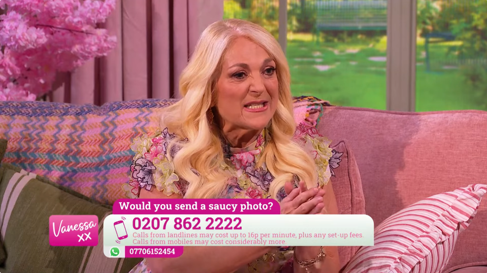 Screenshot of Vanessa on a talk show, discussing sending a saucy photo; phone number provided.