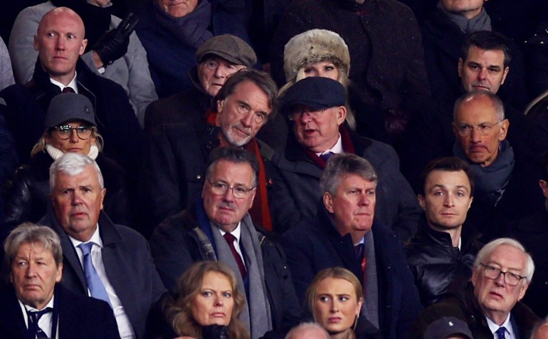 Soccer Football - Premier League - Manchester United v Tottenham Hotspur - Old Trafford, Manchester, Britain - January 14, 2024 Manchester United co owner Jim Ratcliffe and former manager Alex Ferguson in the stands REUTERS/Carl Recine NO USE WITH UNAUTHORIZED AUDIO, VIDEO, DATA, FIXTURE LISTS, CLUB/LEAGUE LOGOS OR 'LIVE' SERVICES. ONLINE IN-MATCH USE LIMITED TO 45 IMAGES, NO VIDEO EMULATION. NO USE IN BETTING, GAMES OR SINGLE CLUB/LEAGUE/PLAYER PUBLICATIONS.