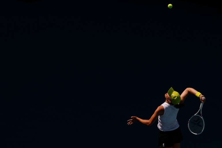 Mar 21, 2025; Miami, FL, USA; Iga Swiatek (POL) serves against Caroline Garcia (FRA)(not pictured) on day four of the Miami Open at Hard Rock Stadium. Mandatory Credit: Geoff Burke-Imagn Images