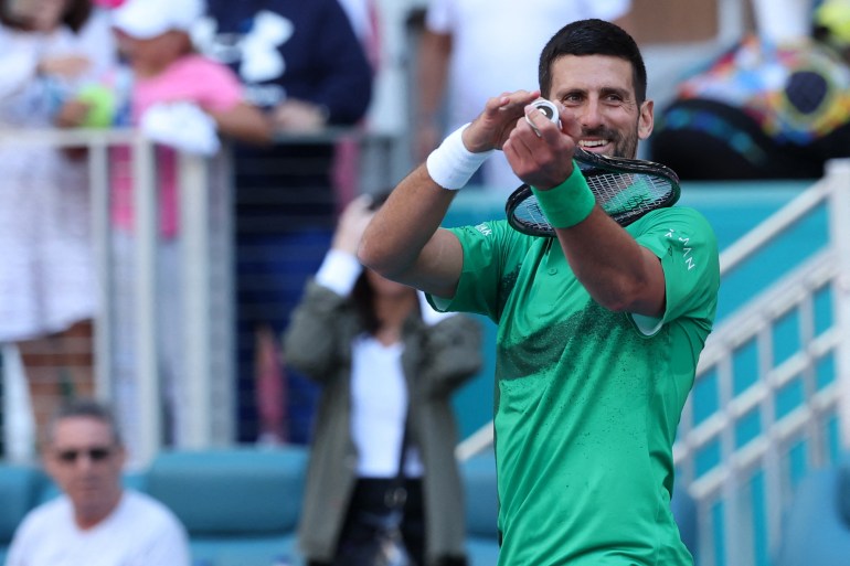 Mar 21, 2025; Miami, FL, USA; Novak Djokovic (SRB) gestures to his player's box after his match against Rinky Hijikata (AUS)(not pictured) on day four of the Miami Open at Hard Rock Stadium. Mandatory Credit: Geoff Burke-Imagn Images