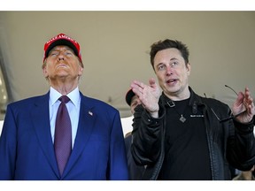 Elon Musk and Donald Trump watch the launch of the sixth test flight of the SpaceX Starship rocket in Brownsville, Texas, on Nov. 19. Photographer: Brandon Bell/Getty Images