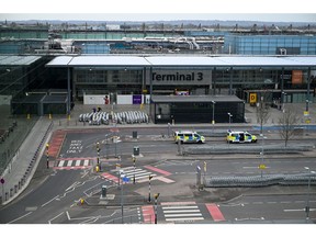 An empty drop-off area for Terminal 3 at London Heathrow Airport in London, UK, on Friday, March 21, 2025. London's Heathrow airport suffered its worst disruption in at least two decades, after a nearby fire cut power to the hub and brought travel to a standstill for hundreds of thousands of passengers.