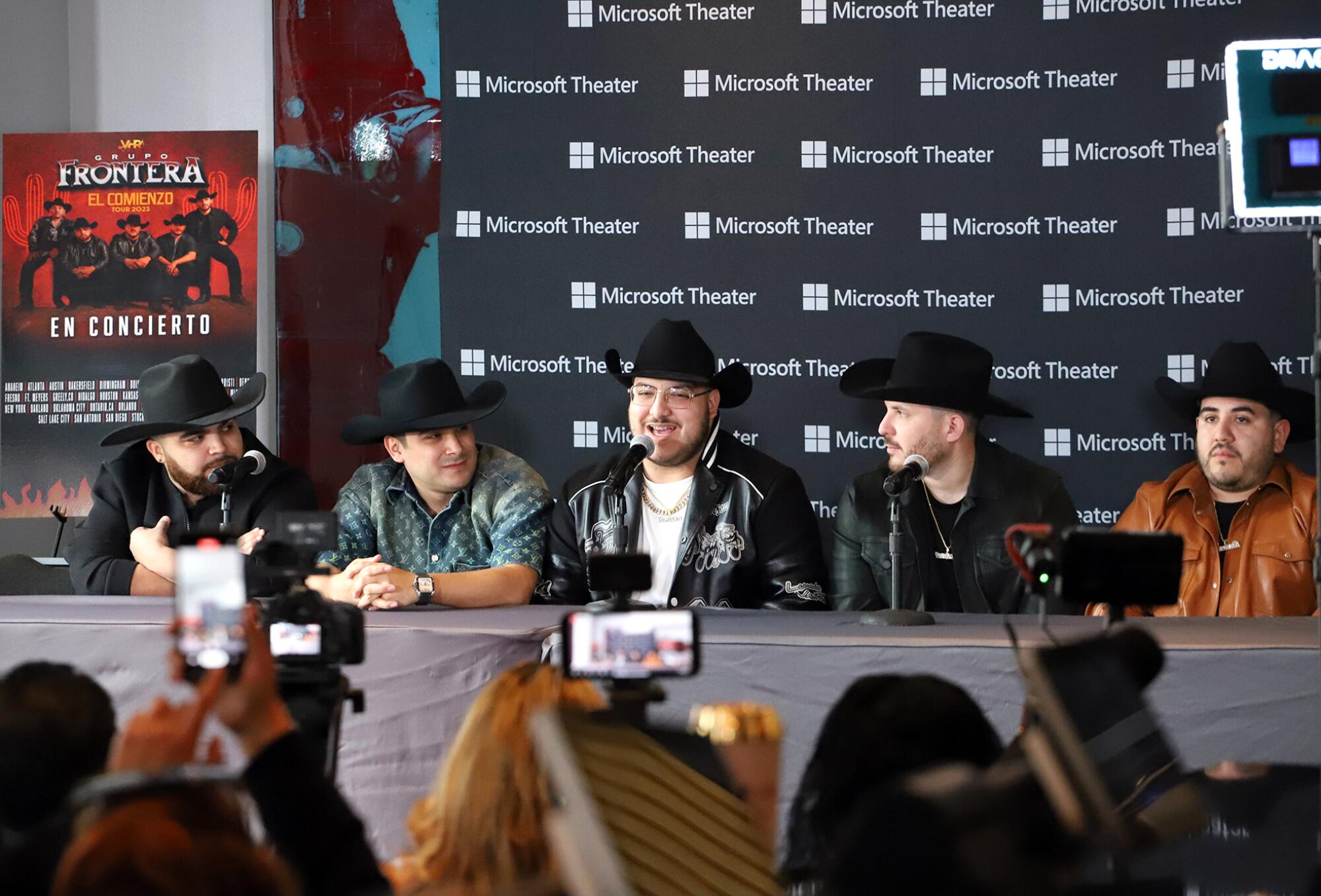 Grupo Frontera during a press conference at the Microsoft Theater in Los Angeles on February 16, 2023. Photo by James Carbone