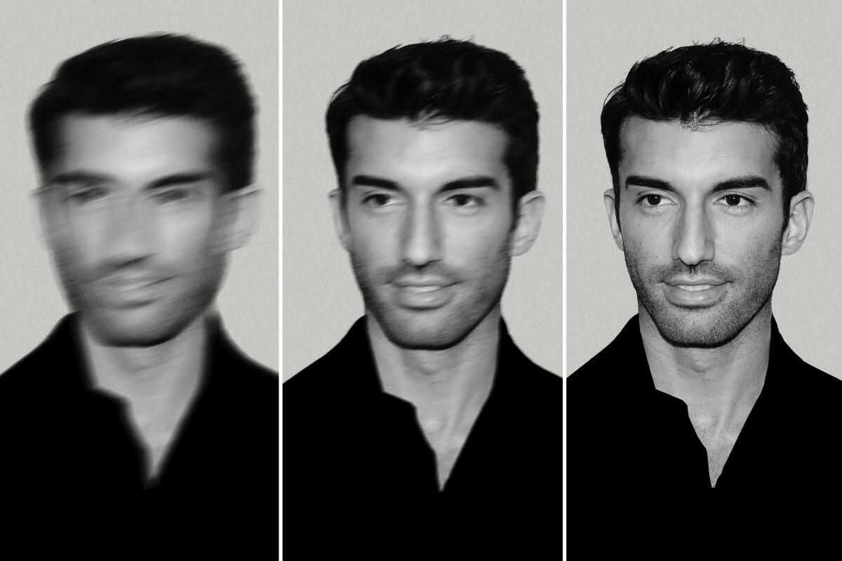  Triptych of Justin Baldoni's portrait, transitioning from blurred to sharp focus.