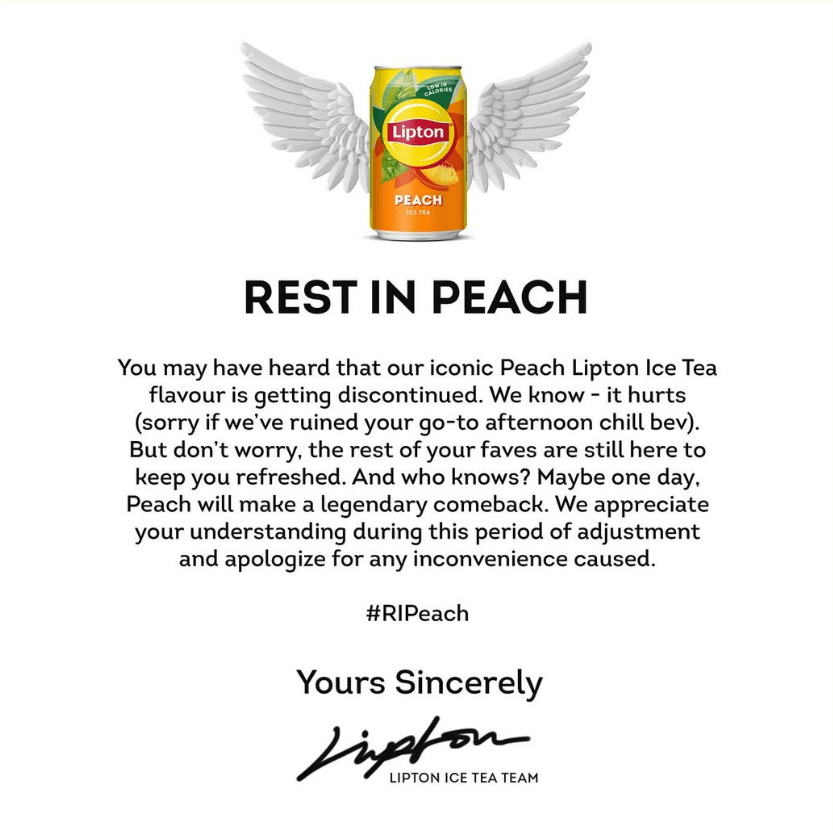 Announcement of Lipton Peach Ice Tea discontinuation.