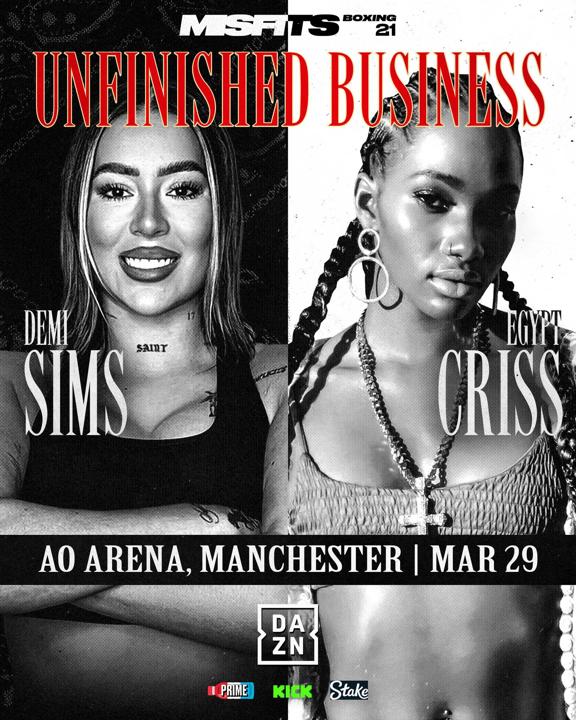 Boxing match poster: Demi Sims vs. Egypt Criss at AO Arena, Manchester.