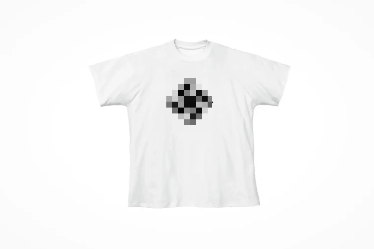 White t-shirt with pixelated swastika.